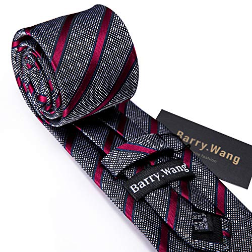 Image of Barry.Wang Tie Sets for Men Silk Stripe Necktie Woven Checkered Handkerchief Cufflinks Formal Business Wedding