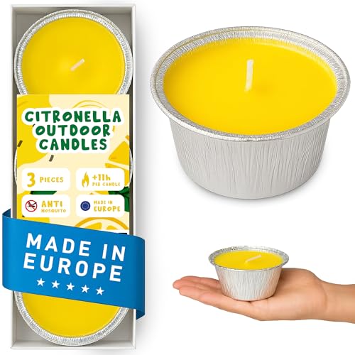 Citronella Kerze Outdoor Set – 3 Stück – NEUE REZEPTUR – 11h Brenndauer – Duftkerze für Garten, Balkon, Terrasse, Camping – Balkon Kerzen - Camping Kerze - Kerzen Gelb - Made in Europe