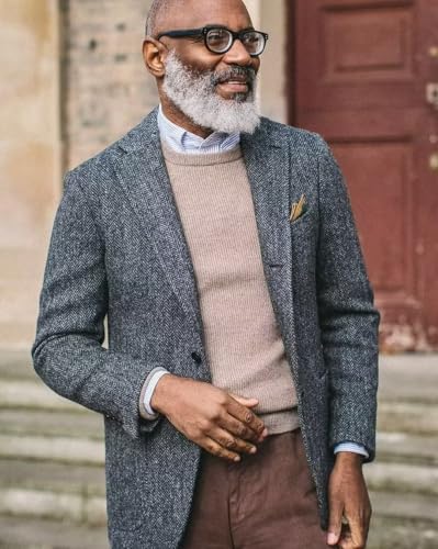 HUUTOE Tweed Blazer Men Vintage Casual Herringbone Tweed Suit Jackets Two Button Notch Lapel Wool Blend Sports Coat3