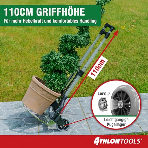 ATHLON TOOLS Aluminium Transportkarre klappbar TÜV geprüft – Langer Teleskopgriff 110 cm, Anti-Rutsch-Pads, Soft-Laufräder, inkl. 2 Expanderseile - Sackkarre klappbar Alu kompakt & leicht