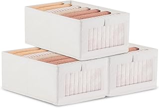 3 Pieces Fabric Storage Bins, 40 x 27 x 16.5 cm Wardrobe Storage Boxes, Foldable Storage Box with Transparent Window, for Wardrobe, Clothes, Books, Cosmetics, Toys (Beige)