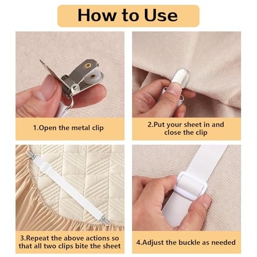 WELHAEPI Bed Sheet Clips - Adjustable Bed Sheet Holder Straps, Elastic Sheet Straps Suspenders Clips, Heavy Duty Sheet Crippers, Sheet Corner Holders Fasteners Straps for Bedding(White, 8 Pack) - Image 2