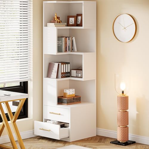Tribesigns 5-Tier Corner Bookshelf with 2 Drawers, 66.9-Inch Tall Corner