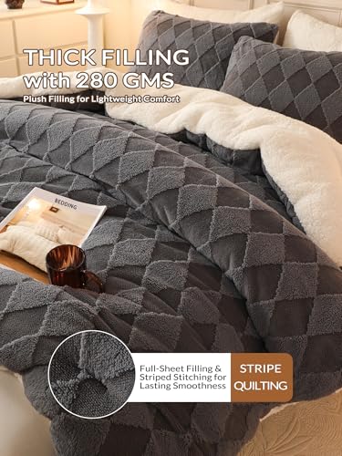 Image of Tufted Fleece Comforter Set King - Super Soft Warm Fluffy Shaggy Bedding Sets, Diamond Plaid Jacquard Bed Set for Winter, 1 Sherpa Comforter with 2 Pillow Cases (104 inchX90 inch Grey)
