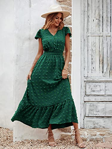 Image of PRETTYGARDEN Womens Dresses 2026 Summer Maxi Dress Boho Short Sleeve V Neck Swiss Dot Ruffle Tiered Smocked Flowy Long Dress
