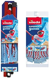 Vileda SuperMocio 3Action XL Compact Floor Mop with Extra Head Replacement, Mop for Cleaning Floors, Set of 1x Mop and 1x Refill