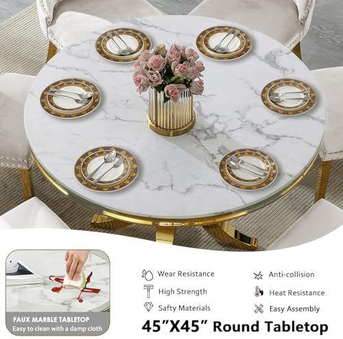 Image of 7-Piece Round Dining Table Set for 6, 45 inch Faux Marble Kitchen Tables Set with 6 Black Tufted Chairs, White Gold Circle Dining Table with Steel American-Base, Round Dining Room Table Set for 6