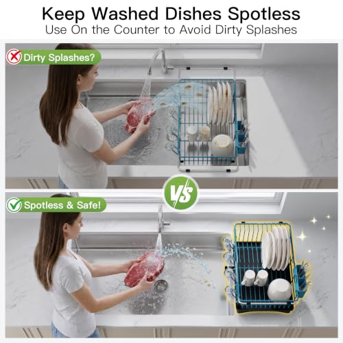 Image of JASIWAY Blue Dish Drying Rack in Sink with Drainboard and Utensil Holder