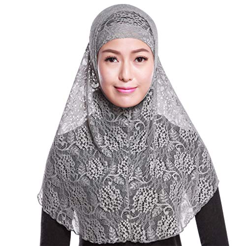 OhMill Womens Muslim Lace Hijab Lightweight 2 piece Hijabs Head Wrap Outer Scarf Inner Cap Islamic Turban Scarf Shawl
