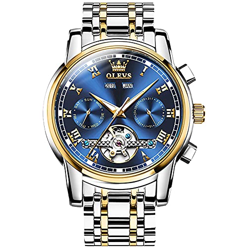 OLEVS Watch Men Self Winding Watches for Men Automatic Watch Skeleton Tourbillon Watches Blue Dial Sliver Gold Stainless Steel Men Skeleton Watches Day-Date Waterproof Luminous Watches