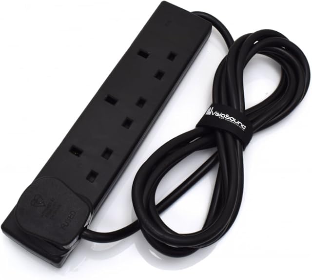 4-Gang Extension Trailing Lead - Black Multi Plug Power Cable - 1m / 2m / 3m / 5m / 10m 3m