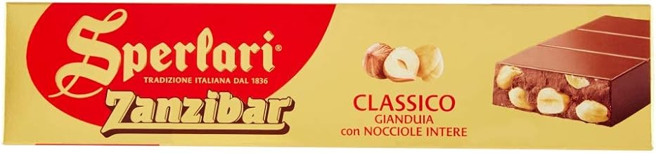 Sperlari Zanzibar Milk Chocolate & Hazelnuts, Italian Torrone - Soft Nougat and Nuts Chocolate Candy Bar - Holiday Sweet Treat Traditional Italian Candy - Chocolates For Gifting - 8.81oz (250g) 1 Pack