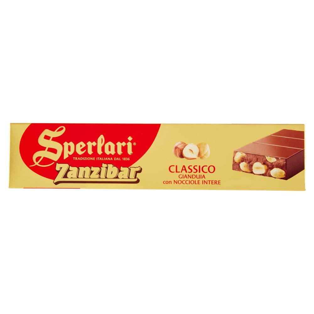 Sperlari Zanzibar Milk Chocolate & Hazelnuts, Italian Torrone - Soft Nougat and Nuts Chocolate Candy Bar - Holiday Sweet Treat Traditional Italian Candy - Chocolates For Gifting - 8.81oz (250g) 1 Pack