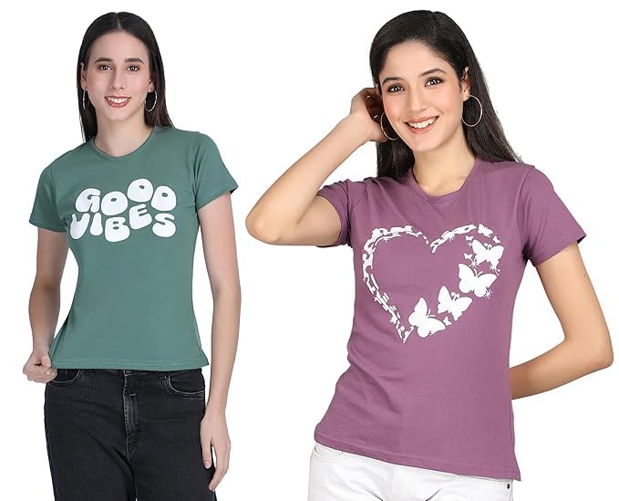 Image of Women's Slim Fit Graphic Printed T-Shirt | Soft 100% Cotton Fabric | Round Neck Half Sleeve Casual Top, Travel & College Pack of 2 Set