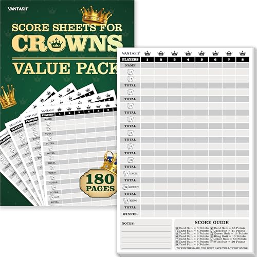 Vantasii 90 Sheets Crowns Score Pad, 180 Tear-Off Pages Scorekeeping Pad Large Double-Sided Print Score Tracker-Track up to 8 Players (6” x 9”)