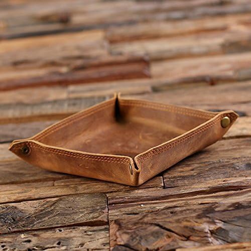Personalized Collapsible Leather Valet Tray, Coin Dish or Holder with Optional Wooden Gift Box