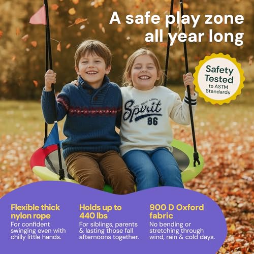 image for PLAYVIBE 40-Inch Saucer Swing for Kids Outdoor - Multicolor Tree Swing