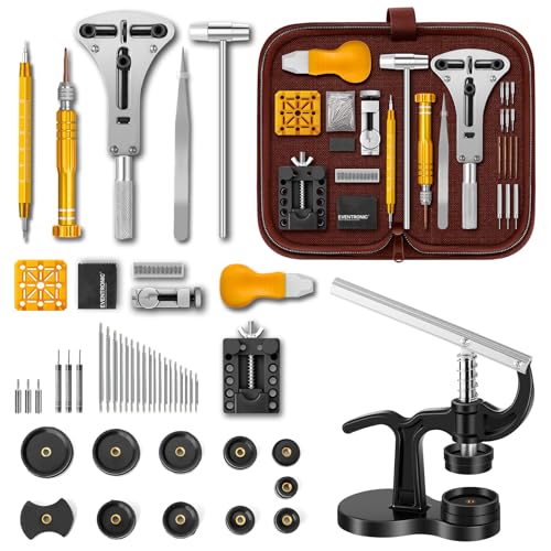 Eventronic Kit de Réparation de Montre+Presse de Boîtier Montre, Ensemble D'outils de Barre de Ressort Professionnel, Kit Horlogerie pour Fermeture La Table...