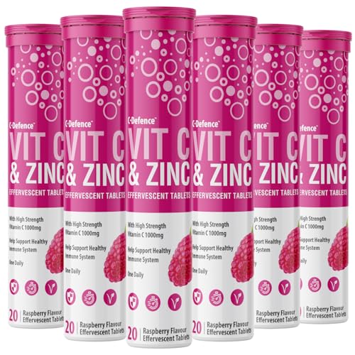 Vitamin C 1000mg & Zinc 15mg Raspberry Flavour Effervescent Tablets - High Strength Tablets for a Healthy Immune System (6 Tubes)