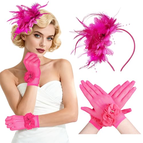 Fascinators Hats for Women and Tea Party Gloves Set Headband with Feather Pearl Veil for Wedding Cocktail Dresses (Rosy Red One Size)