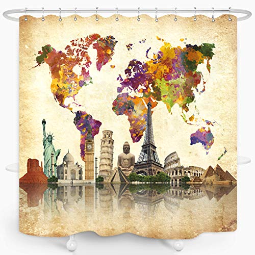 Zxmbf Vintage World Map Shower Curtain Famous Culture Landmark Statue Of Liberty Eiffel Tower Big Ben Spot Waterproof Fabric Bathroom Décor Set 72X72 Inch Plastic Hooks 12 Pcs #TOP1