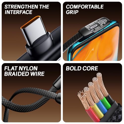 Image of Verilux PD 100W Type C Cable Fast Charging 6.6Ft, Right Angle C Type Charger Cable with No Tangle Flat Nylon Braid, Support 480Mbps Data Transfer for iPhone 17 /17 Pro /17 Pro Max 16 /15, Galaxy S25 /S24