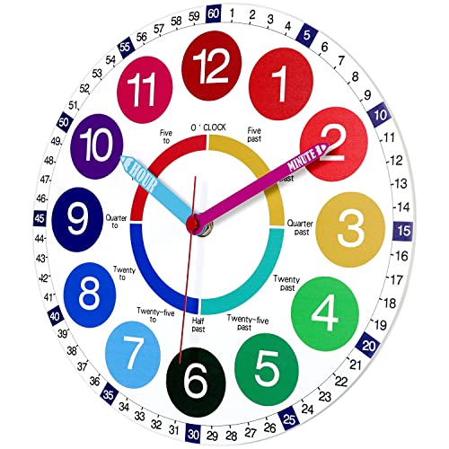 Jofomp Learning Clocks For Kids, 10 Inch Silent Non-Ticking Telling Time Teaching Clock, Wooden Demonstration Clock Without Glass And Frame Design, Battery Operated Rainbow Clock, Ages 5+ (Colorful) #TOP1