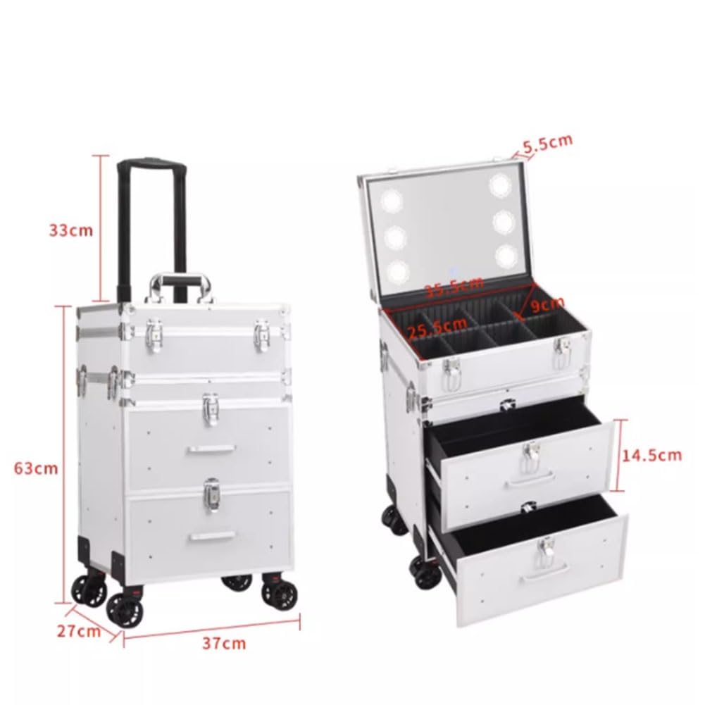GRRICEPL Reisender Trolley Kasten Mit LED-Licht, Rollend Schminke Zug-Koffer, Beauty Storage Case, Mit Schubladen Einziehbarer Griff,. 360°Universal Räder (Farbe : Silver-A, Größe : 37x27x67cm)