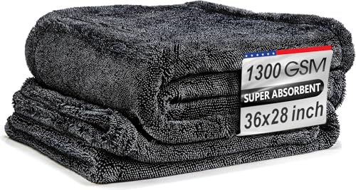 Image of Premium Car Drying Towel, 36x28 inch XL Microfiber Towel, 1300 GSM Microfiber Cleaning Cloth, Super Absorbent, Leaves No Streaks, Scratches, or Water Spots, Dries an Entire Vehicle, Black