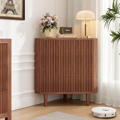 Vudanfe Fluted Floor Corner Kitchen Cabinet, Wooden Freestanding Cabinets Organizer with Door, Side Storage Organizer for Living Room, Dining Room, Bathroom Walnut