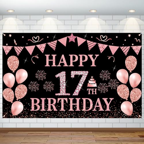 Decorazioni per 17° compleanno per ragazze ragazzi Happy 17th Birthday Banner di grandi dimensioni in oro rosa sfondo di compleanno banner per 17 anni anniversario festa di compleanno foto prop stand