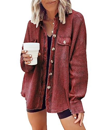 Image of ebossy Womens Long Batwing Sleeve Splicing Cardigan Lightweight Waffle Textured Boyfriend Shirt Jacket Shacket