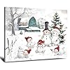 Snowman Christmas Pictures Wall Decor Christmas Canvas Wall Art Winter Snowman Family Poster Blue Barn Prints Paintings Farmhouse Christmas Decorations for Home Bedroom Living Room 10 x 12