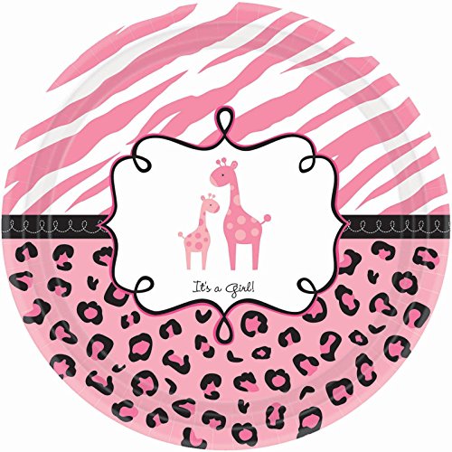 Sweet Safari Girl Baby Shower Party Round Plates, 18 Pieces, Made from Paper, Pink, 10 1/2