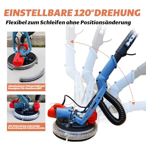 FANZTOOL Trockenbauschleifer 750W mit Integriertem Staubsauger, Ø 225 mm, bis 120° Neigbarer Schleifkopf,1,9m Teleskopierbar,Wand & Deckenschleifer inkl. 12 Schleifscheiben & LED-Arbeitsleuchte