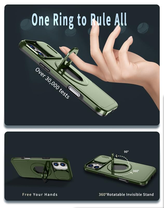 Image of LuxuryKase MagSafe Shockproof Rugged Back Case for iPhone 17 | Finger Ring Kickstand & Sliding Camera Cover | Military Drop Protection | Wireless Charging Support - Green