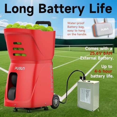 PUSUN Tennis Ball Machine, Tennis Ball Launcher with App/Remote/iWatch Control, Max Speed of 75Mph, 1.8-8s/Ball, Multiple Training Modes(AI Drill/Programming/Random/Vary Speed) 4-6Hrs Battery Life