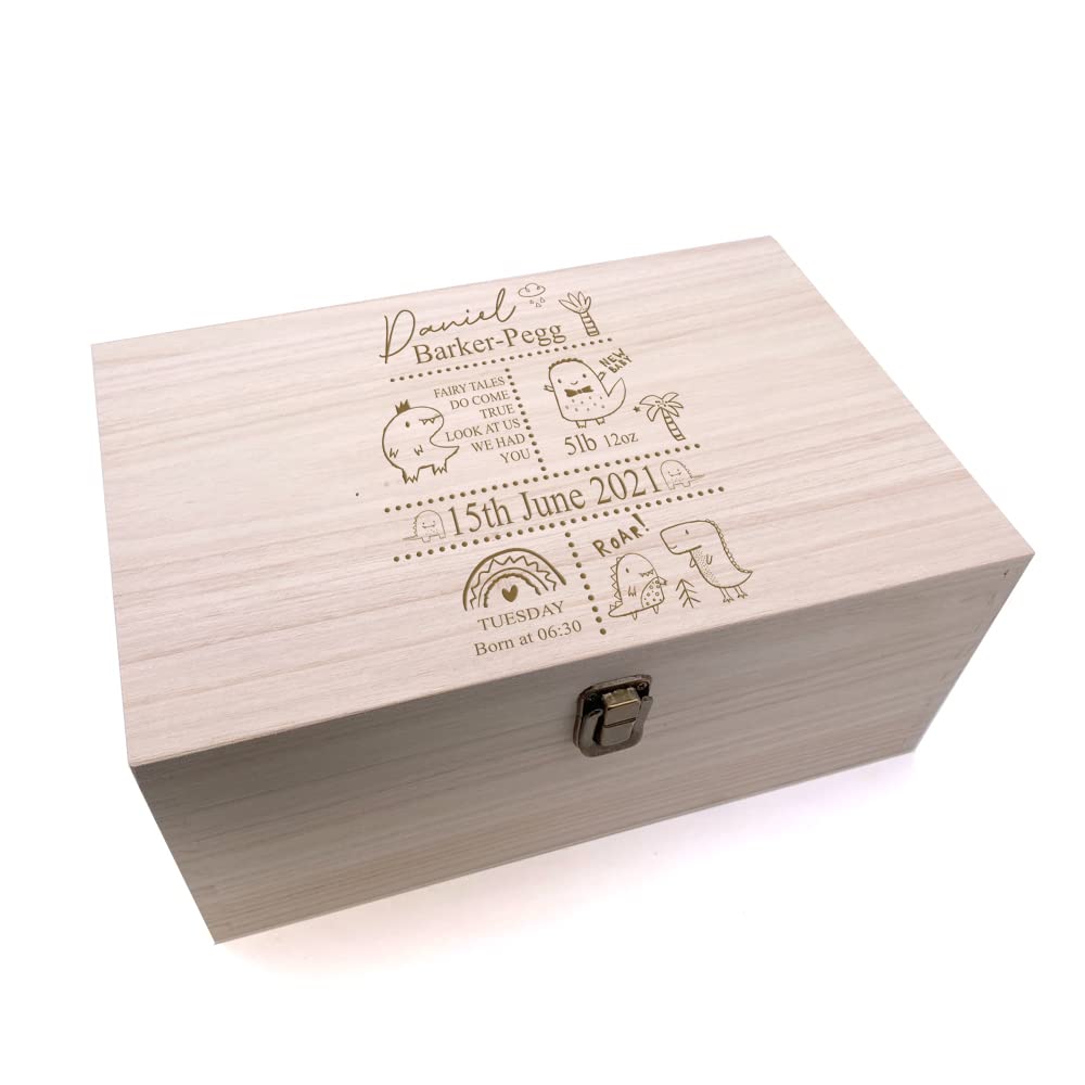 Ukgiftstoreonline Brown Personalised Baby Memories Keepsake Box Dinosaur Design