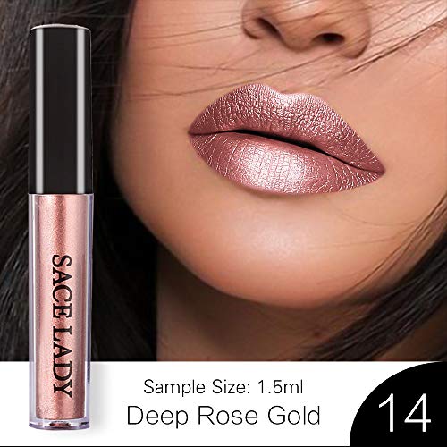 6Ml/1.5Ml Metal Liquid Lipstick Waterproof Makeup Metallic Lip Gloss Set Long-Lasting Shimmer Glitter Lipgloss Tint 14 Deep Rose Gold