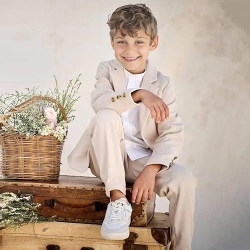 optkeat Linen Boys Suit Beach Wedding Suit Summer Slim Fit 2 Pieces Kids Light Weight Linen Suit Jacket Vest Pant (Beige,10 Years) by optkeat - Image 4