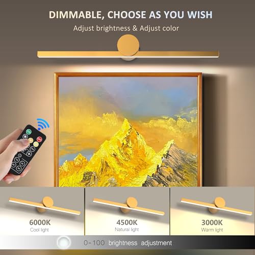 Image of ZitoStory Battery Operated Picture Light for wall with Remote,Minimalism Wireless Dimmable Art Lights for Paintings Rechargeable Gallery Light Artwork Lighting for Canvas, Portrait (Gold,23'' Inch)