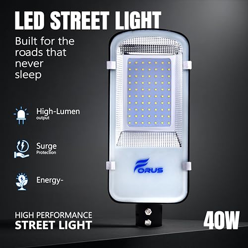 Image of Forus 40W LED Street Light with Clamp, IP66 Waterproof Outdoor LED Street Light, High Lumen 4800lm Amber, Aluminium Body for Road, Parking Lot, Garden & Industrial Outdoor Lighting (1 Pc)