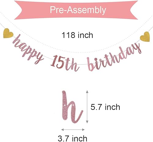 Miniatura 2 de XIAOLUOLY - Cartel con purpurina de oro rosa, pre-encordado, decoración de fiesta de cumpleaños de 15 años, telón de fondo de feliz cumpleaños 15