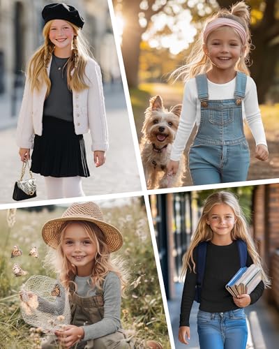 Image of 4 Pack Girls Long Sleeve Shirts Ribbed Knit Cotton Crewneck Tops Slim Fit Soft Casual Kids Base Layer Undershirts