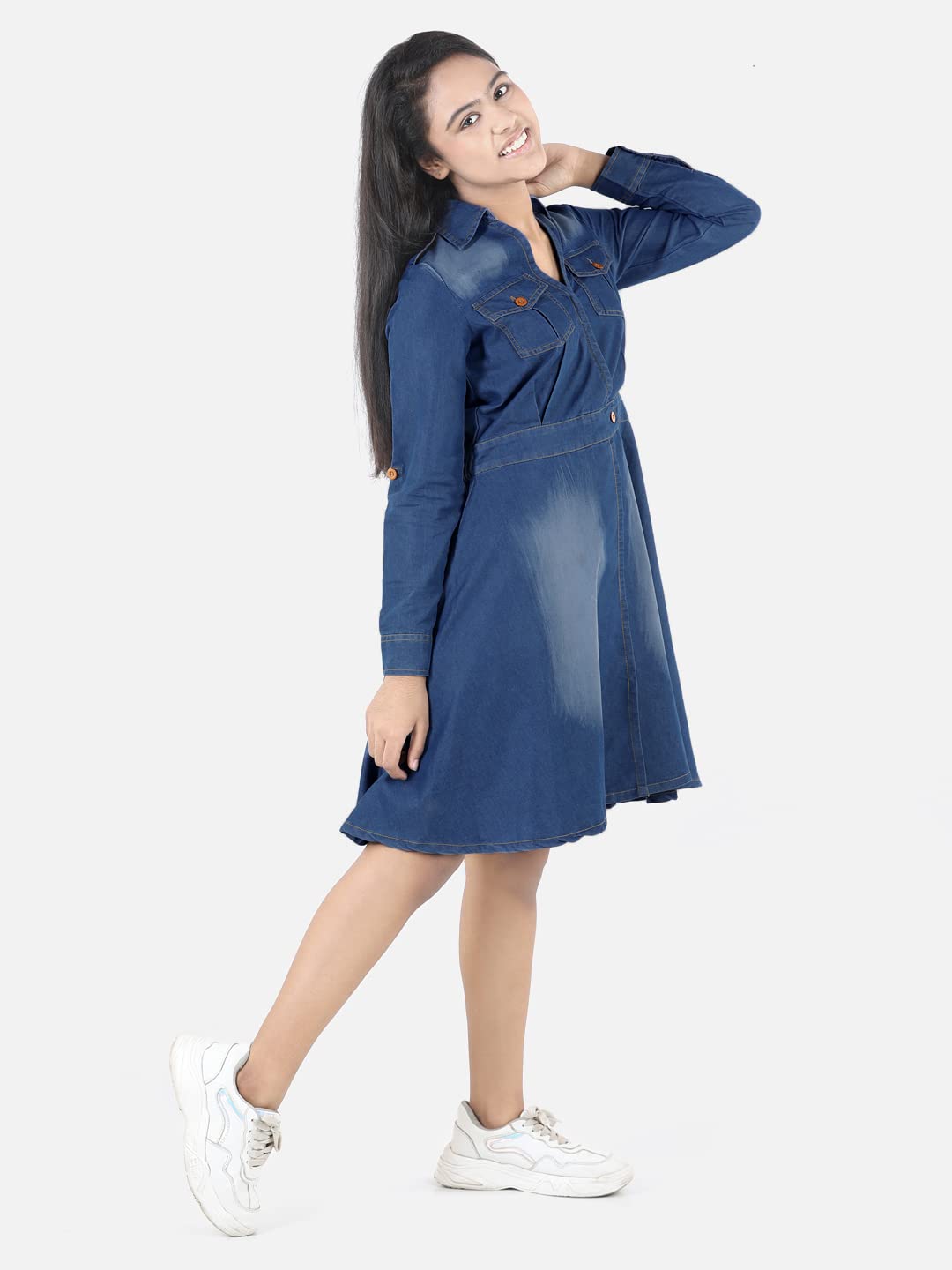 StyleStone Girls Denim Long Sleeve Dress (9401DnmCrossBtnDrs13-14) 2
