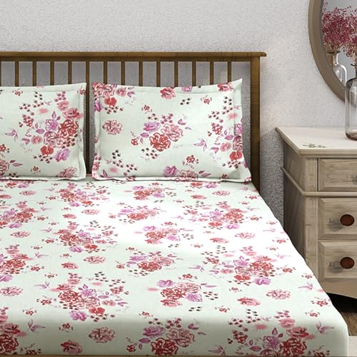 Image of Swayam Pure Cotton Double Bedsheet with 2 Pillow Covers | Size 90 x 100 inch | 160 TC | Floral Design | Soft Breathable Bed Sheet | Comfortable & Durable for Bedroom - White & Magenta