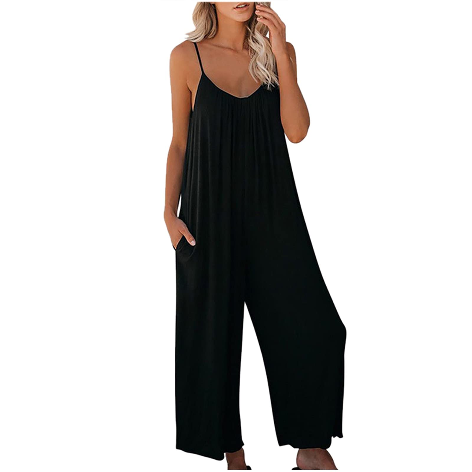 NUSGEAR 2023 Mono Peto Suelto Mujer Jumpsuit de Eslinga Verano Moda Petos de Pantalones Largo Casual Bolsillo Elegante Clásico Color Sólido Monos Pierna Ancha Playa Cómodo Pantalón Rompers