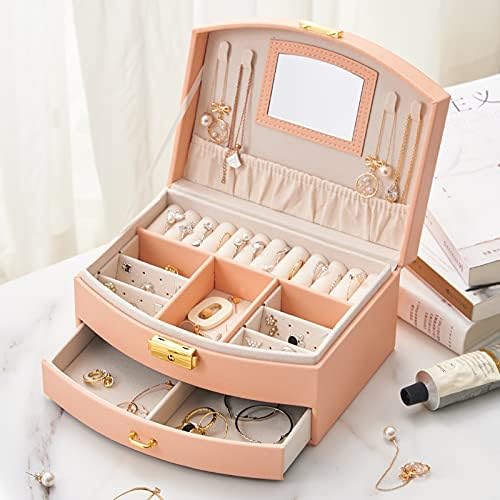 Miniatura 3 de U-D Cajas organizadoras de joyas para mujer, 2 capas, con bandeja desmontable y cajón (rosa)