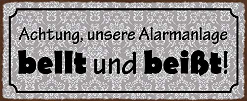 Achtung Alarmanlage bellt und beißt Blechschild Metallschild Schild Metal Sign 10 x 27 cm