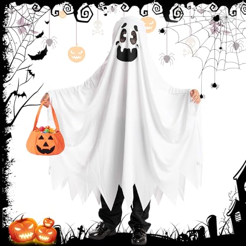 MZJAUVF Disfarce de fantasma disfarce de Halloween, capa de fantasma branca com bolsa de abóbora, disfarce fantasma criança, fantasia de Halloween para Cosplay, carnaval 5-12 anos